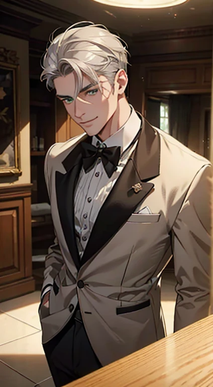 a mature man with short grey hair, green eyes, 31 years, and a perfect face, smiling in love, CEO, cinematic lighting, 1:4 HDR image, top view, ultra detailed, best quality, masterpiece, 8K, photorealistic, beautiful image