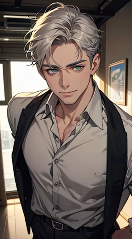 a mature man with short grey hair, green eyes, 31 years, and a perfect face, smiling in love, CEO, cinematic lighting, 1:4 HDR image, top view, ultra detailed, best quality, masterpiece, 8K, photorealistic, beautiful image