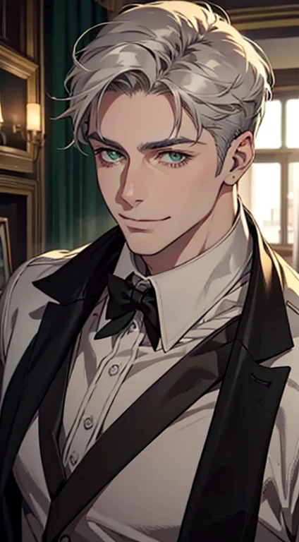 a mature man with short grey hair, green eyes, 31 years, and a perfect face, smiling in love, CEO, cinematic lighting, 1:4 HDR image, top view, ultra detailed, best quality, masterpiece, 8K, photorealistic, beautiful image