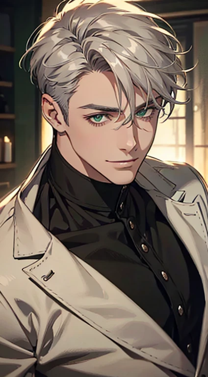 a mature man with short grey hair, green eyes, 31 years, and a perfect face, smiling in love, CEO, cinematic lighting, 1:4 HDR image, top view, ultra detailed, best quality, masterpiece, 8K, photorealistic, beautiful image