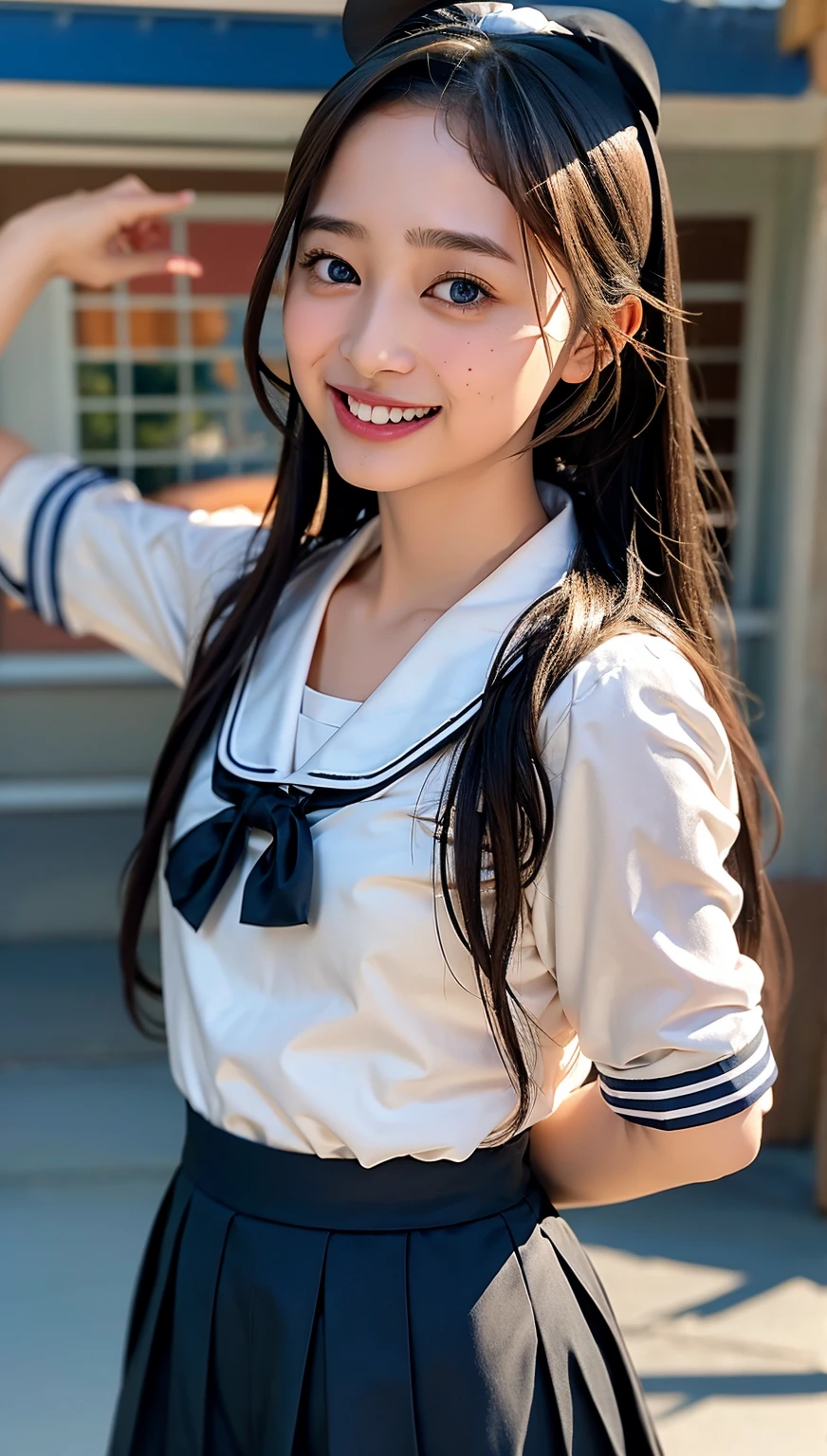 (((cowboy shot))),Ultra-high resolution,big eyes,((brown eyes)),Japanese,(forehead),(a girl),(1 girl),(()),(cute),pretty,((facing at viewer)),arms behind back,grin,(((black school sailor uniform))),pleated skirt,(((disney land)))