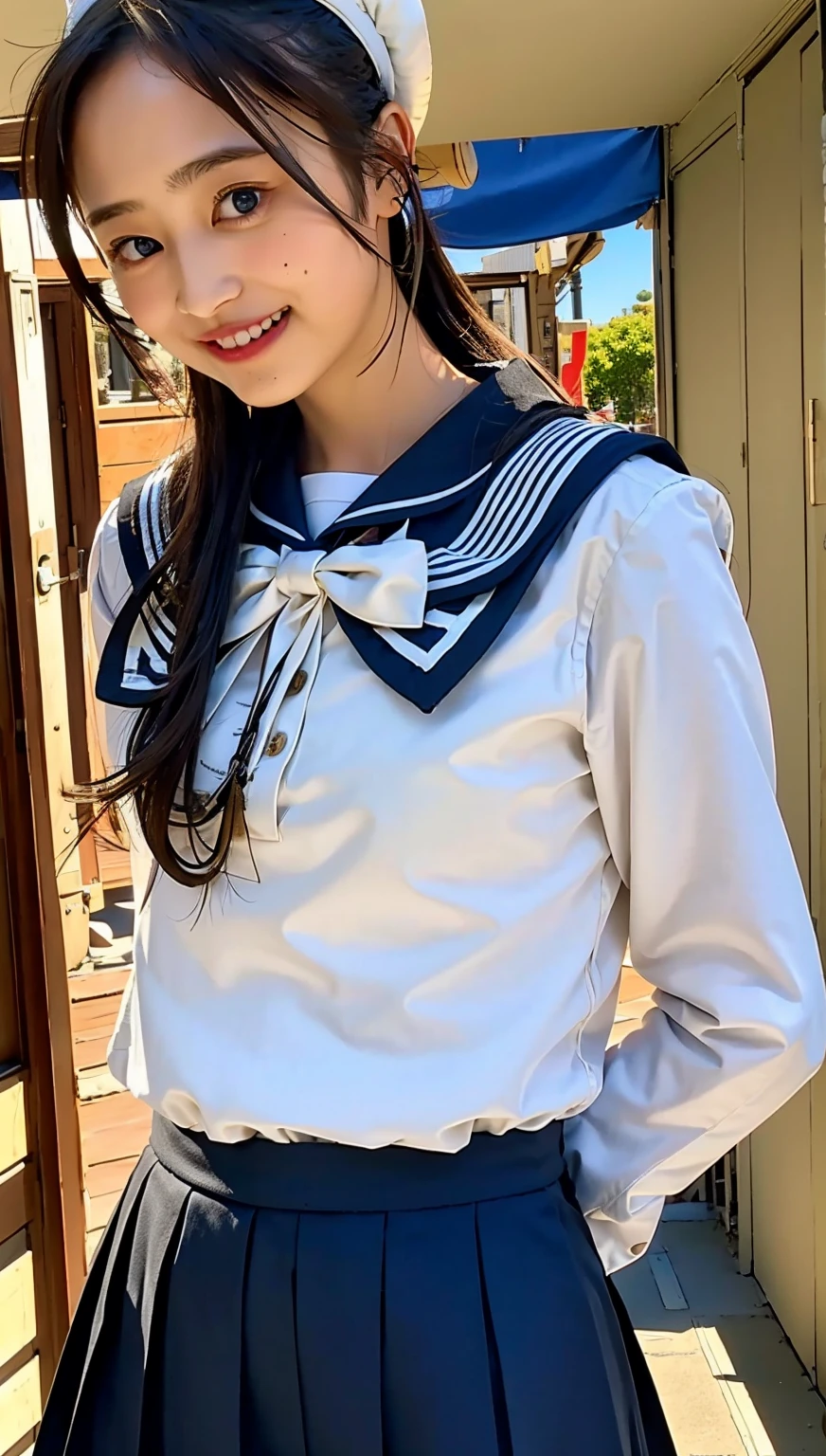 (((cowboy shot))),Ultra-high resolution,big eyes,((brown eyes)),Japanese,(forehead),(a girl),(1 girl),(()),(cute),pretty,((facing at viewer)),arms behind back,grin,(((black school sailor uniform))),pleated skirt,(((disney land)))