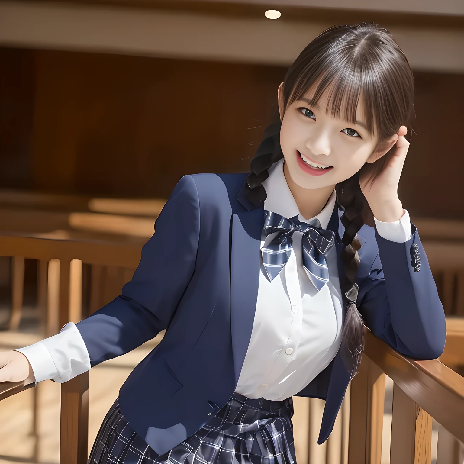 (highest quality, masterpiece:1.2), highest quality, High resolution, 1080P, 8K, Height: 158cm, ((Like a beautiful girl in my dreams、A very intelligent, very noble, pretty and neat Japanese beautiful girl fashion model.１If a person is、With the best smile、Looking at the audience、Hands over their mouths, Realistic fashion model photos)), A face that everyone loves, ((((A plump, white, round face)))),(((Plump Cheeks))), Glossy lips, (Evenly cut bangs), ((Very beautiful dark eyes)), The very large red shiny wide ribbon bowtie is very cute., ((Black Hair)), ((long twin braids)), (((A long, neat, dark navy blue checked pleated skirt))), (((A deep navy blue winter long-sleeve blazer that covers the waist))), How to wear a neat uniform, Very lustrous, glossy lips, Open hand over open mouth, Ribbon in hair, slender, The ribbon is big and very pretty., Beautiful hair like a hair model, Long skirt, Watching the viewer and laughing, ((Incredibly beautiful face)), ((Pure and clear eyes)), ((laughing at me!))