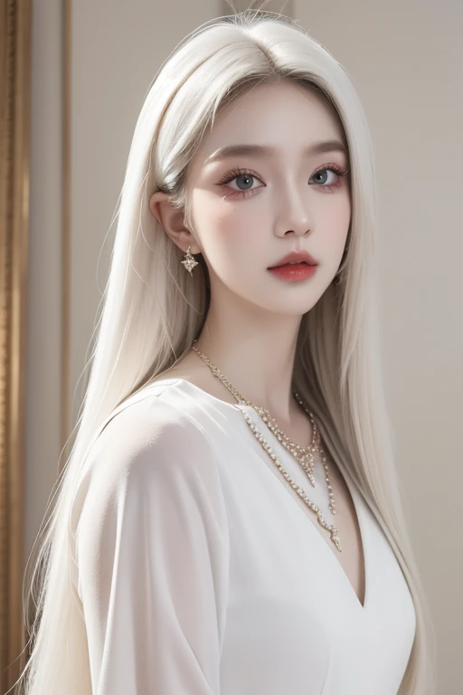 masterpiece, masterpiece, high quality, HD, 32k，A girl, Break, Upper Body, White jumpsuit, Eye, White skin, Exquisite makeup, necklace, Long white hair