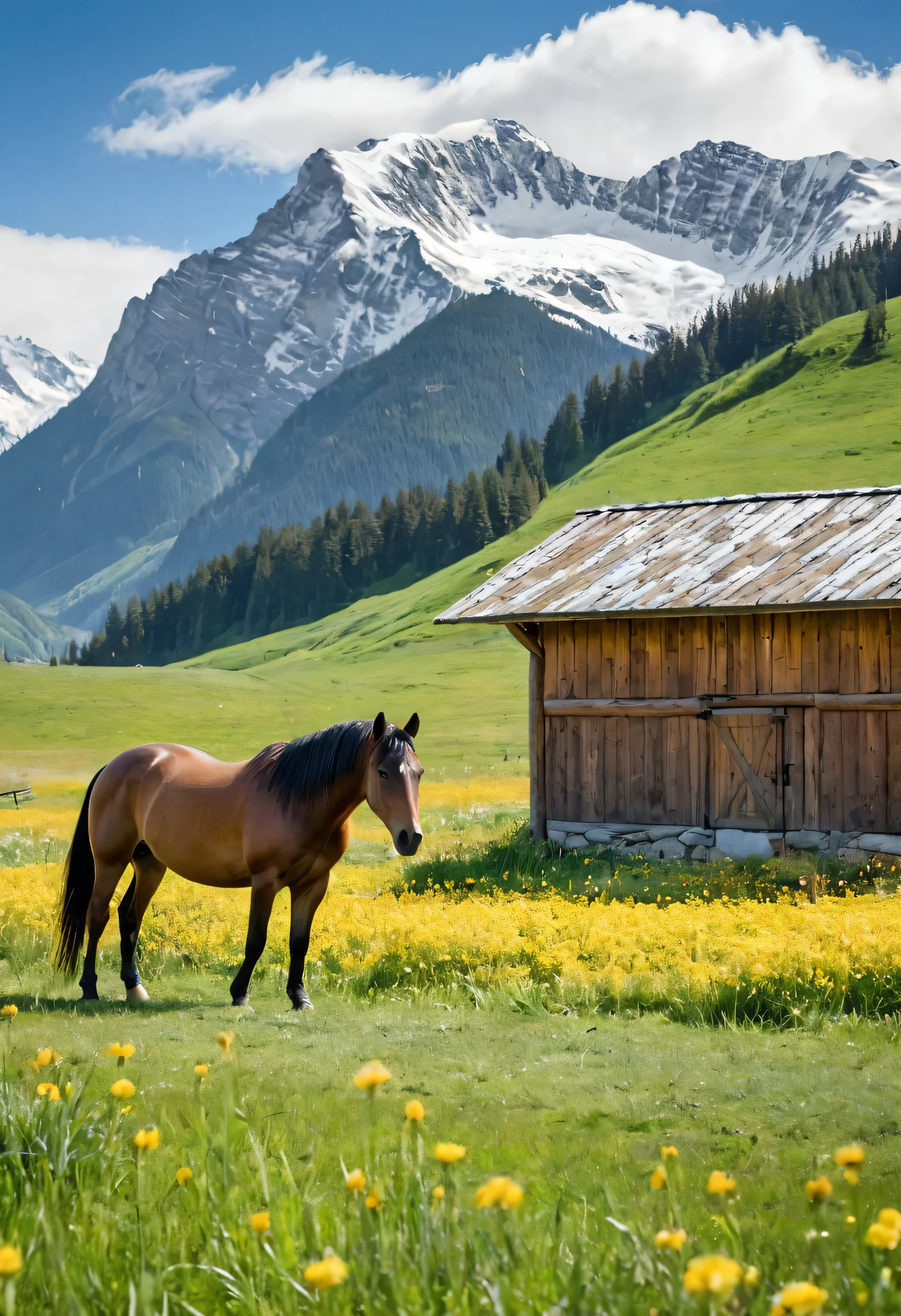 A brown wooden barn with a green roof in a lush green field of yellow flowers. There is a horse grazing in the foreground and snow-capped mountains in the background. The barn is made of wood and has a large door in front. The roof is green and has a slight坡度. The field is full of yellow flowers and there is a small stream running through it. The horse is brown and has a black mane and tail. It is grazing on the grass and looking at the camera. The mountains in the background are covered in snow and there are clouds in the sky. The image has a warm and inviting atmosphere.
