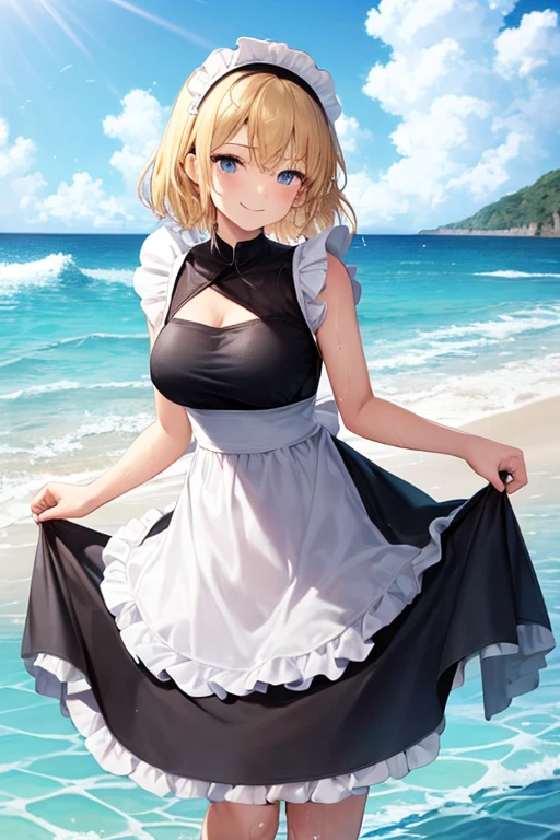 (high resolution)(high quality)
Maid clothes, White apron, Headband,(Fashionable clothes) Gothic Dress, ribbon, Maid clothes
海, Beach, Wave, Wave打ち, 荒Wave, In the water, Waterlogged, Water Play
((Even my clothes are wet 1.1))((Even my clothes are soaked in water)), Water droplets blonde, Blue Eyes, cute, smile