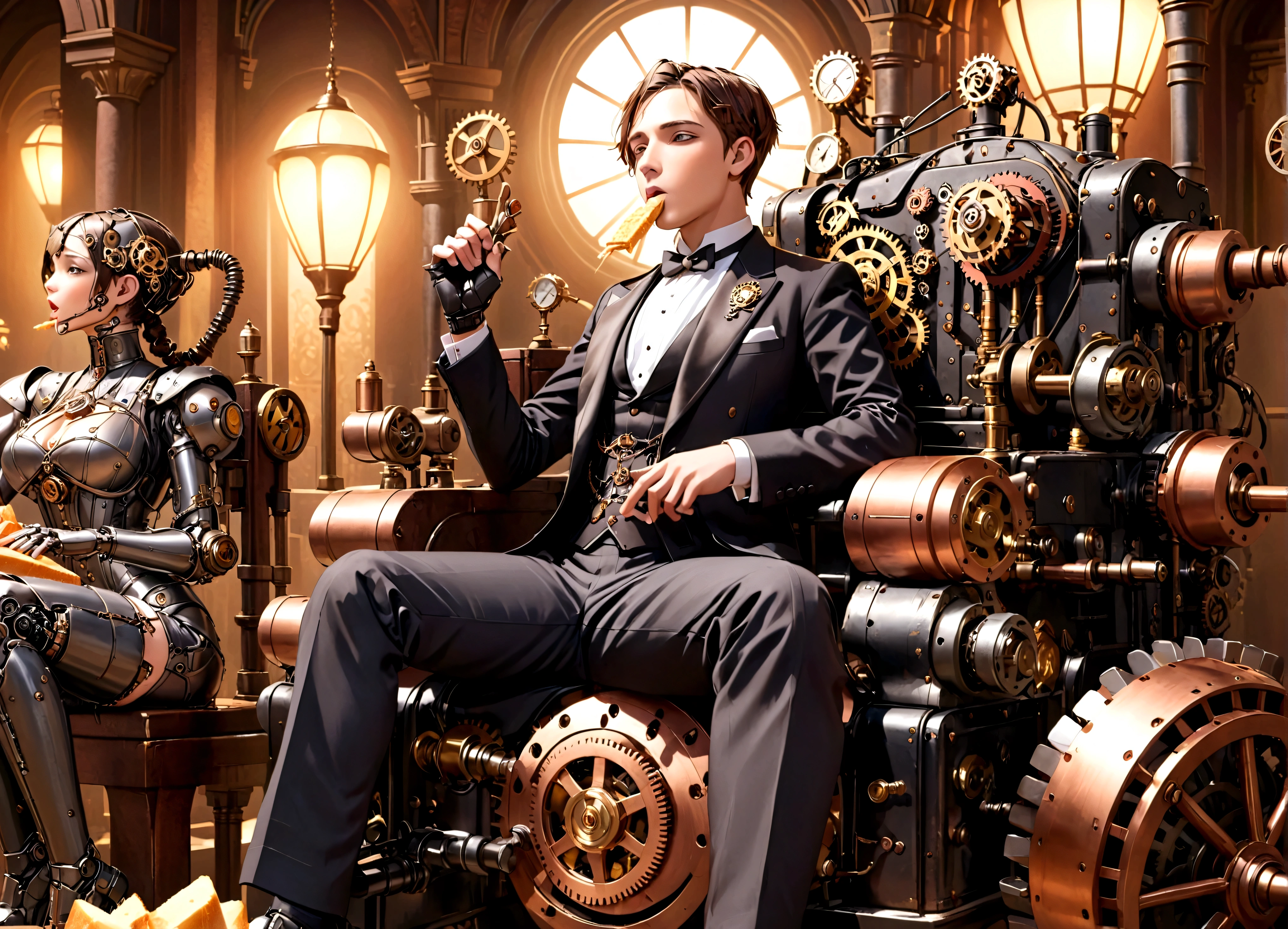 a steampunk throne of leadership, attended by several clockwork steam powered robotic attendants, a young man in a tuxedo sitting on the throne, eating fancy sandwiches, intricate gears and mechanisms, brass and copper details, warm lighting, photorealistic, cinematic angle, highly detailed, 8k, masterpiece