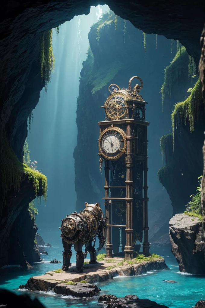 automaton bear completely made out of metallic parts in a steampunk fashion is standing on a platform surrounded by water in a dark cave that has luminescent vines climbing between the rocks in the background. the bear is on all fours and has its head made out of metallic parts as well - gears, clocks, chains. there is no greenery, the ledge is made out of stone and the coloring is blue and tan.