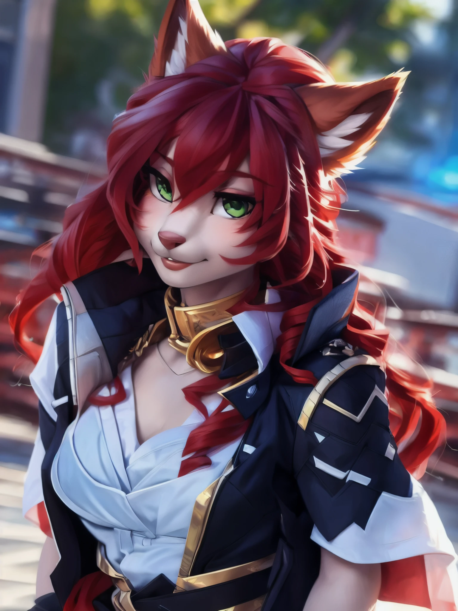 A beautiful and detailed (sweet portrait) wa, Star Fox, sslim, lovable, green eyes, medium breasts, (((Long red hair 1.3))), Decollete, anthro, furry, Uploaded E621, detailed fluffy fur, (wa Fluff-Kevlar, Bayard Wu, personalize me, Pino Daeni), detailed face, (fluffy), 1 girl,  alone, 