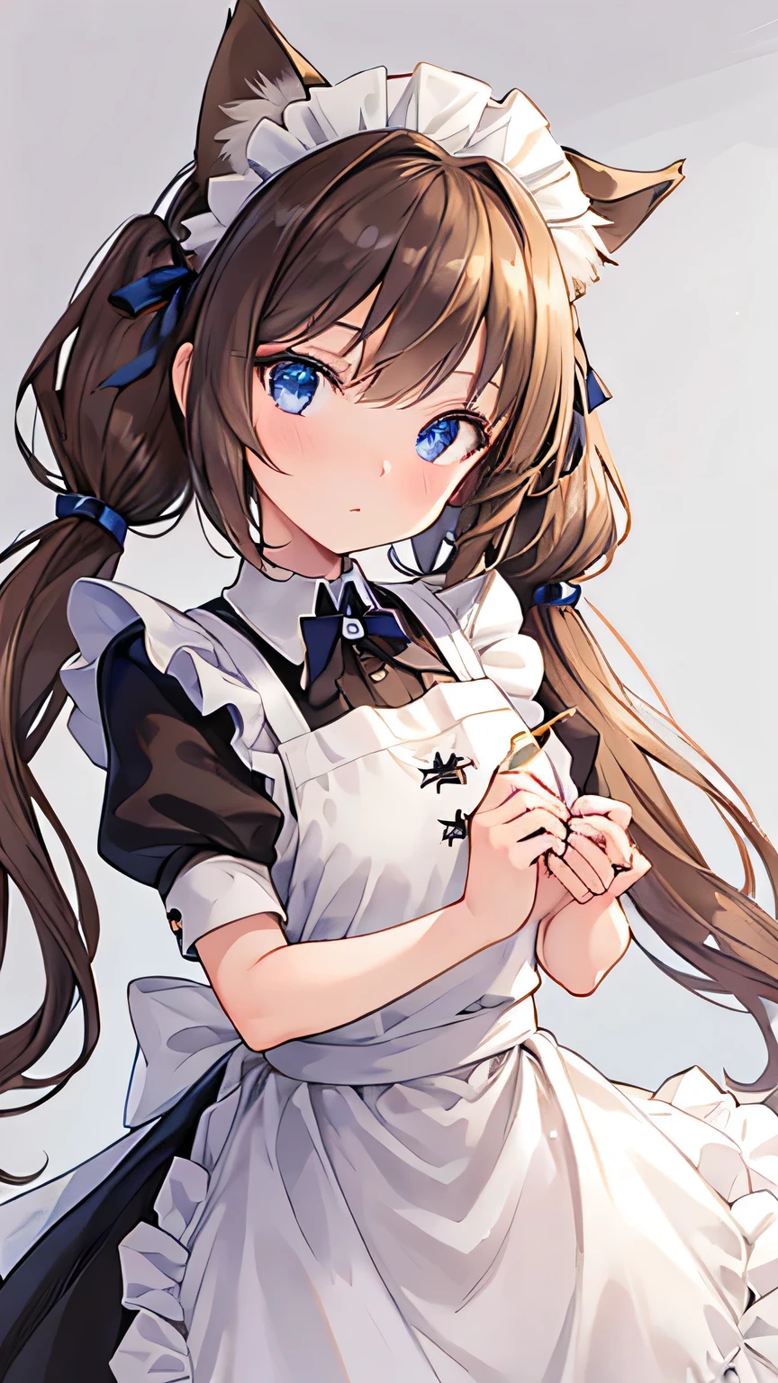 beautiful face, best quality, shiny skin, detailed skin, detailed face, detailed eyes, beautiful lady, light brown hair, low twintails, maid headdress, cat ears, Pop art, best quality, highres, masterpiece, super detail, 8k, Maid working in the palace, maid uniform, Ruffled Apron, from side