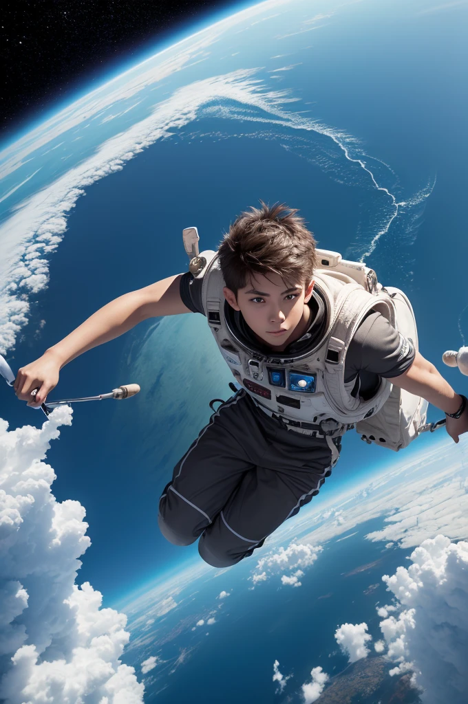 Ridiculous resolution, high resolution, (work of art:1.4), super verbose, 1  boy, viewed from the top, space, floating, --at 6