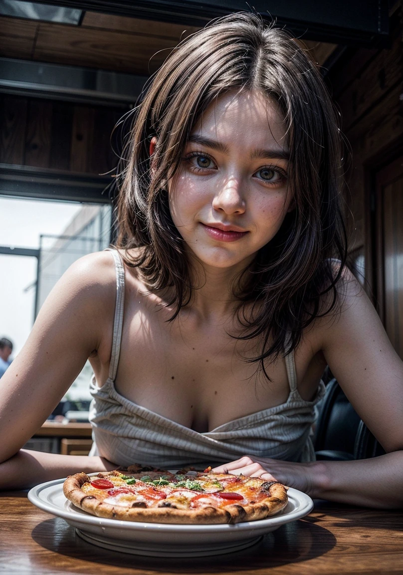 Cuisine, A smiling woman wears a dress made of pizza as she lays on a table, rich deep colors, intricate artwork, masterpiece, vibrant, ultra high quality model, improve eyes, cinematic, 4k, epic, sharp focus, 4k resolution blade runner