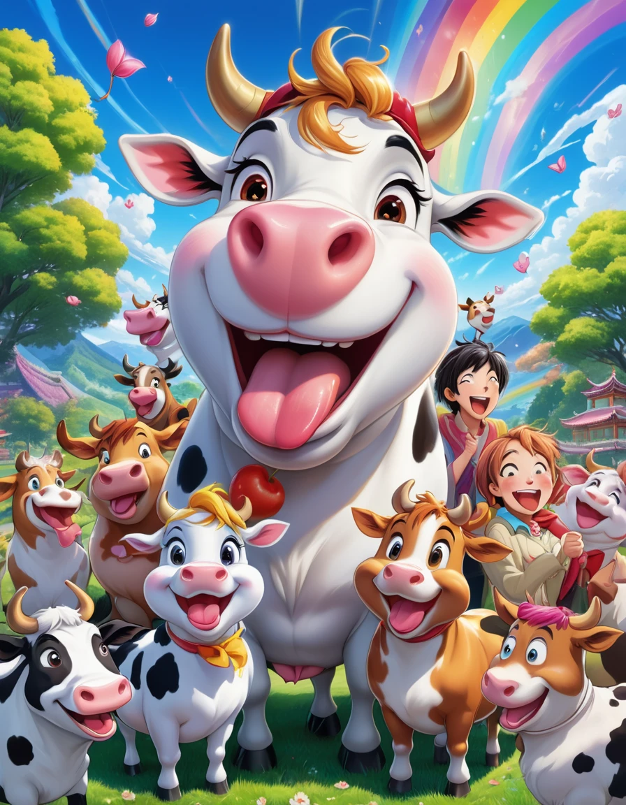 A vibrant and humorous scene with a group of laughing anime-style characters surrounding a comically exaggerated cow with spiraled eyes and a large, drooling tongue. The characters display various expressions of amusement, some pointing and laughing, others covering their mouths. The background features a bright, colorful sky with radiant sun rays, blossoming cherry trees, and a rainbow. The setting appears to be a park or outdoor area with lush green grass. The characters wear casual modern clothing, with vivid colors and detailed textures. The overall style is highly saturated, energetic, and cartoonish, capturing a fun and playful atmosphere.