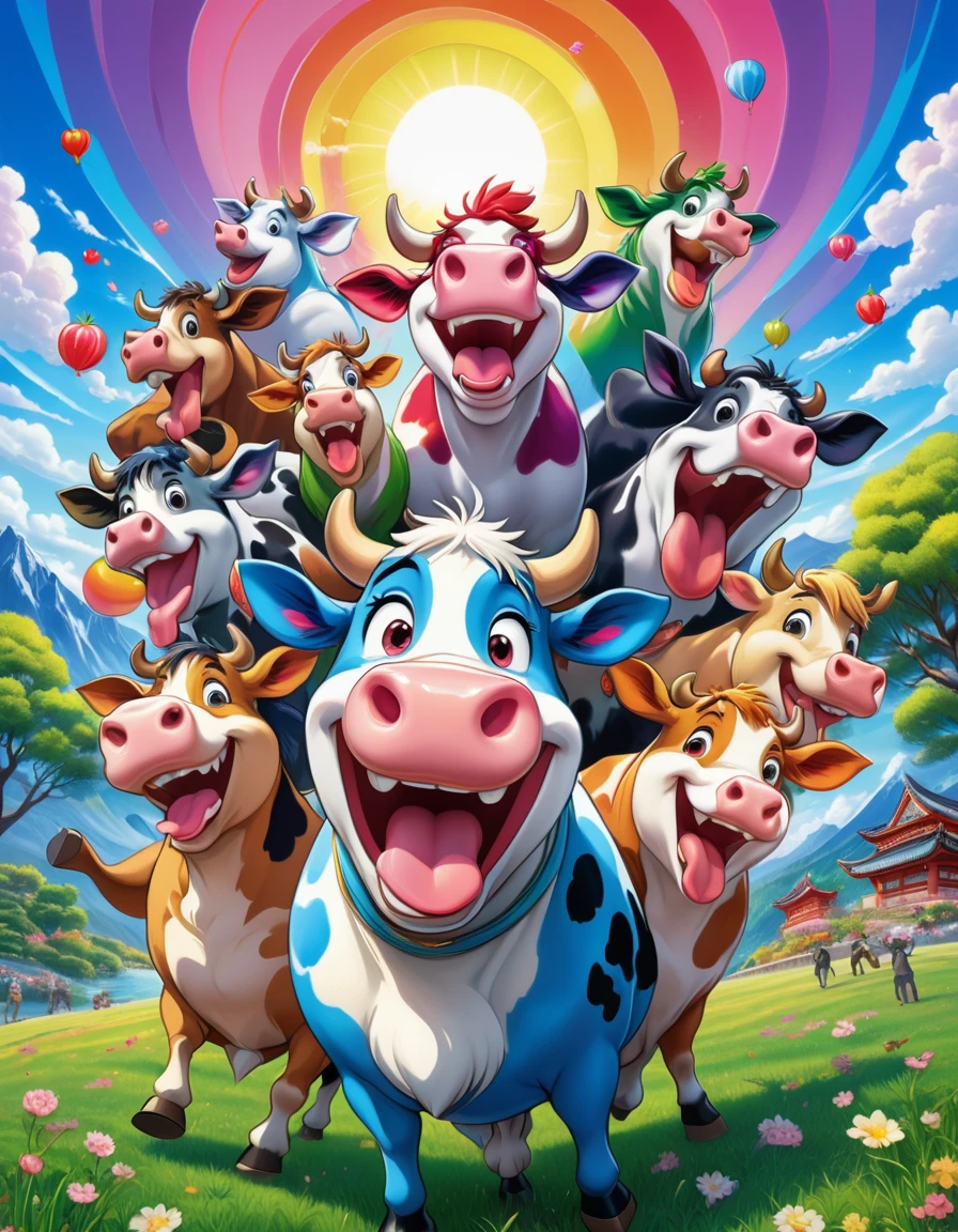 A vibrant and humorous scene with a group of laughing anime-style characters surrounding a comically exaggerated cow with spiraled eyes and a large, drooling tongue. The characters display various expressions of amusement, some pointing and laughing, others covering their mouths. The background features a bright, colorful sky with radiant sun rays, blossoming cherry trees, and a rainbow. The setting appears to be a park or outdoor area with lush green grass. The characters wear casual modern clothing, with vivid colors and detailed textures. The overall style is highly saturated, energetic, and cartoonish, capturing a fun and playful atmosphere.