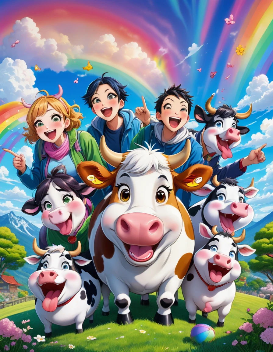A vibrant and humorous scene with a group of laughing anime-style characters surrounding a comically exaggerated cow with spiraled eyes and a large, drooling tongue. The characters display various expressions of amusement, some pointing and laughing, others covering their mouths. The background features a bright, colorful sky with radiant sun rays, blossoming cherry trees, and a rainbow. The setting appears to be a park or outdoor area with lush green grass. The characters wear casual modern clothing, with vivid colors and detailed textures. The overall style is highly saturated, energetic, and cartoonish, capturing a fun and playful atmosphere.