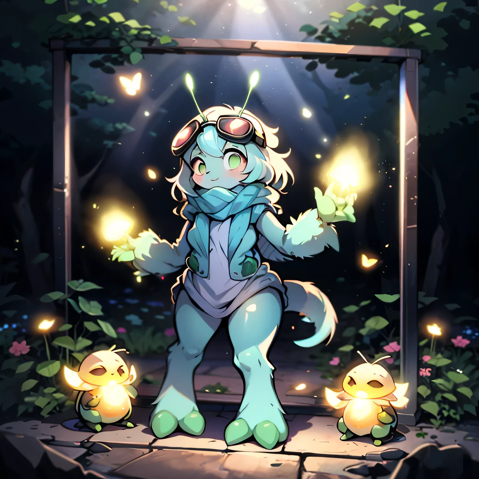 A little glow worm, large glowing goggles, glowing bug antenna, large fur scarf, four arms, short and stout, bug-like face, mandibles, chibi bug person, 1 character, ultra-detailed, 8k, highres, photorealistic, masterpiece, vibrant colors, cinematic lighting, concept art