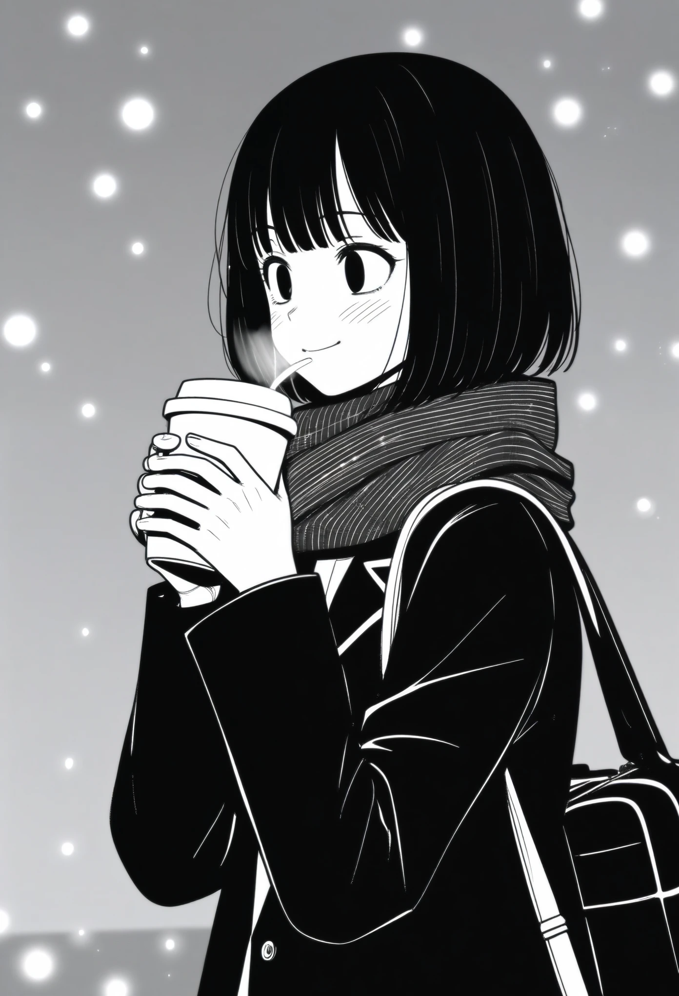 masterpiece, best quality, 1girl, mamerakkkkko, grayscale, manga style, japanese, chi no wadachi, black eyes, street, iced, black hair, schoolbag, smile, lineart, black coat, black scarf, black pleated skirt, leggins, centered, 18 years old, tall, fair skinned, bokeh background,, bob cut, light particles, centered, snowing, (((drinking coffee, perfect hand, detailed hand:1.1)), emotional anime scene