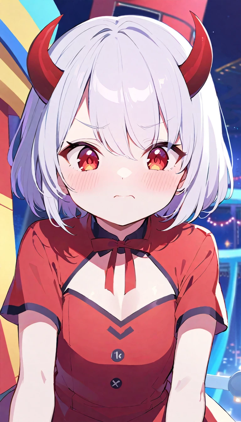Teenage girl, devil girl, small red horns, white hair, short fluffy hair, big red eyes, pale skin, blushing cheeks, in a , red dress, in the divertion park, night