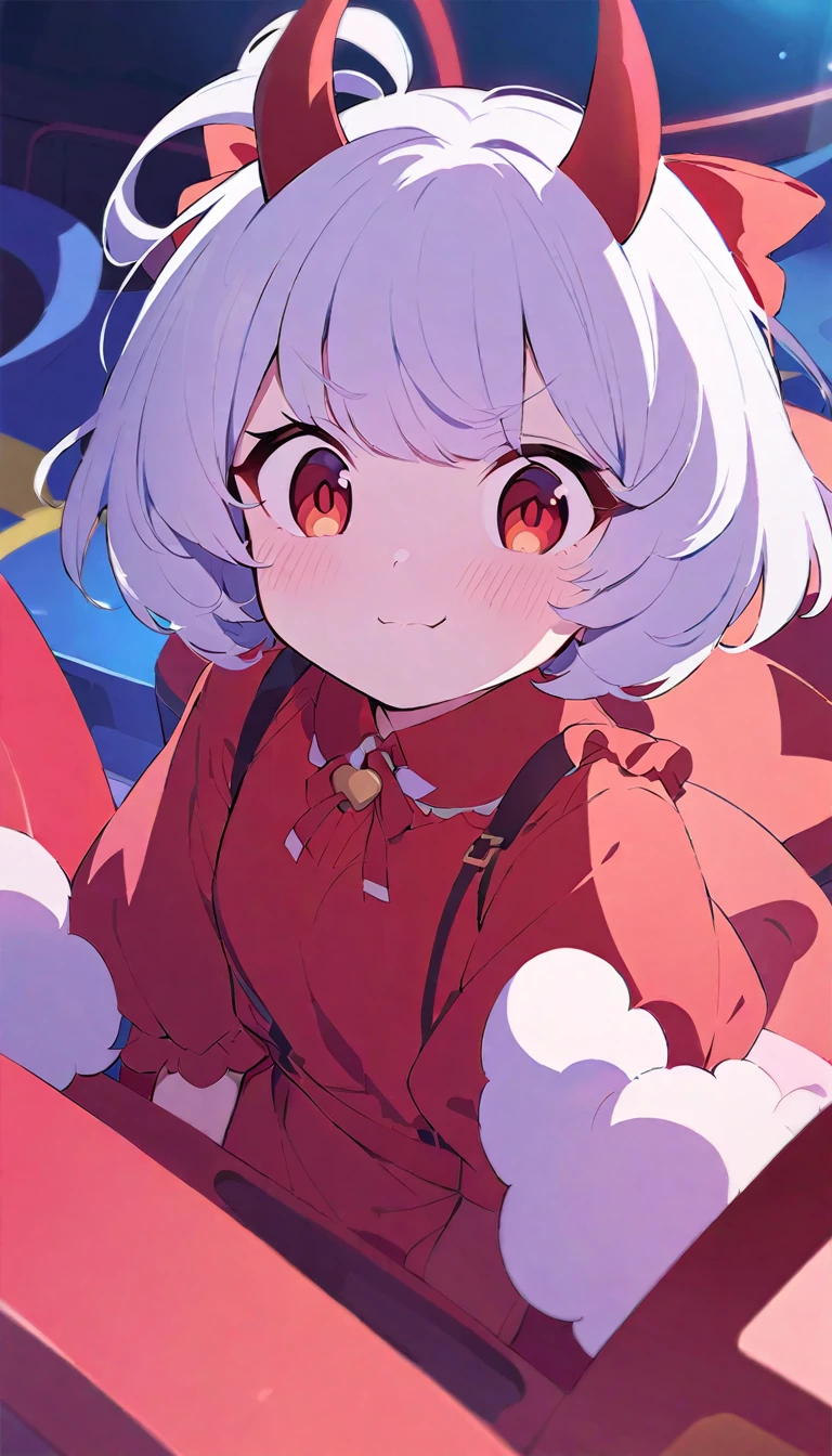 Teenage girl, devil girl, small red horns, white hair, short fluffy hair, big red eyes, pale skin, blushing cheeks, in a , red dress, in the divertion park, night