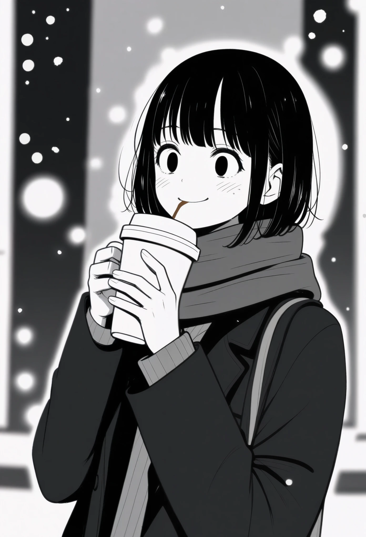 masterpiece, best quality, 1girl, mamerakkkkko, grayscale, manga style, japanese, chi no wadachi, black eyes, street, iced, black hair, schoolbag, smile, lineart, black coat, black scarf, black pleated skirt, leggins, centered, 18 years old, tall, fair skinned, bokeh background,, bob cut, light particles, centered, snowing, (((drinking coffee, perfect hand, detailed hand:1.1)), emotional anime scene