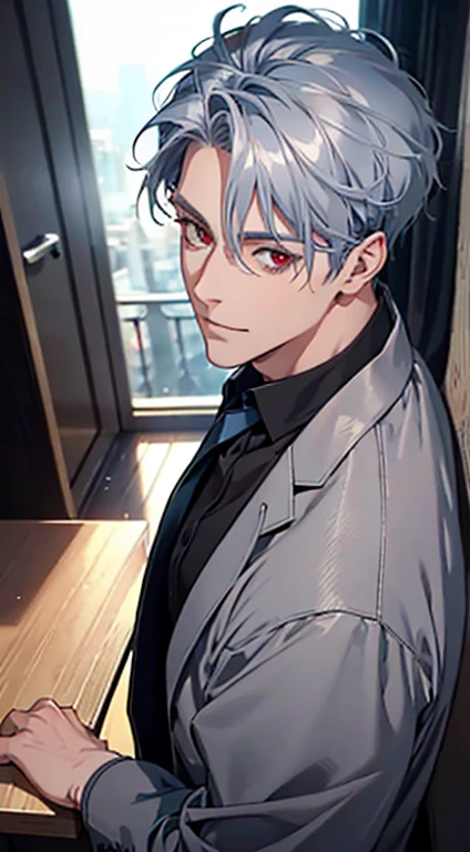 a mature man with short grey blue hair, red eyes, 31 years, and a perfect face, smiling in love, CEO, cinematic lighting, 1:4 HDR image, top view, ultra detailed, best quality, masterpiece, 8K, photorealistic, beautiful image