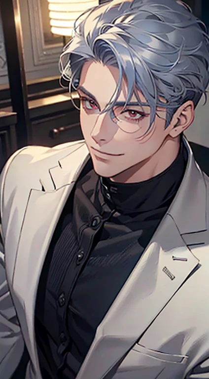 a mature man with short grey blue hair, red eyes, 31 years, and a perfect face, smiling in love, CEO, cinematic lighting, 1:4 HDR image, top view, ultra detailed, best quality, masterpiece, 8K, photorealistic, beautiful image