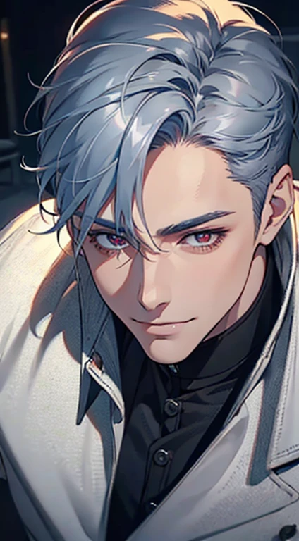 a mature man with short grey blue hair, red eyes, 31 years, and a perfect face, smiling in love, CEO, cinematic lighting, 1:4 HDR image, top view, ultra detailed, best quality, masterpiece, 8K, photorealistic, beautiful image