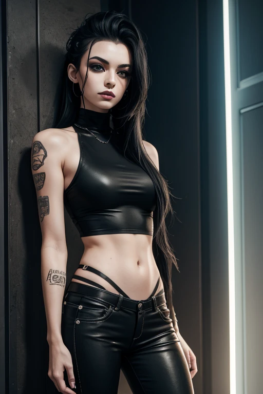 a very thin woman with visible bones, pale white skin, sweaty body, wearing tight black shorts, black half-body shirt, wearing black shoes, full body view, tattoo, (best quality,4k,8k,highres,masterpiece:1.2),ultra-detailed,(realistic,photorealistic,photo-realistic:1.37),dramatic lighting,chiaroscuro,cinematic,dark moody atmosphere