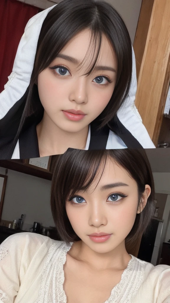 (Sexual climax:1.75),(ecstasy:1.75)short hair,Part-time job at a bar,(Wearing laced negurije:2.0),-old,(Ul cute Japan girl:1.5),(Detailed face,ultradetailed eyes,Beautiful eyes,symmetry eyes:2.0),Natural Makeup,smile,open mouth