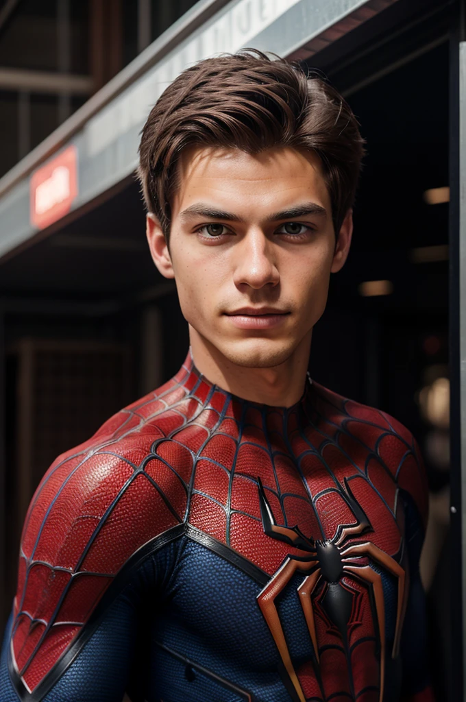 A photograph of spider man, no mask, 20 yo, handsome, detailed face, looking at camera, portrait, 8k uhd, high quality