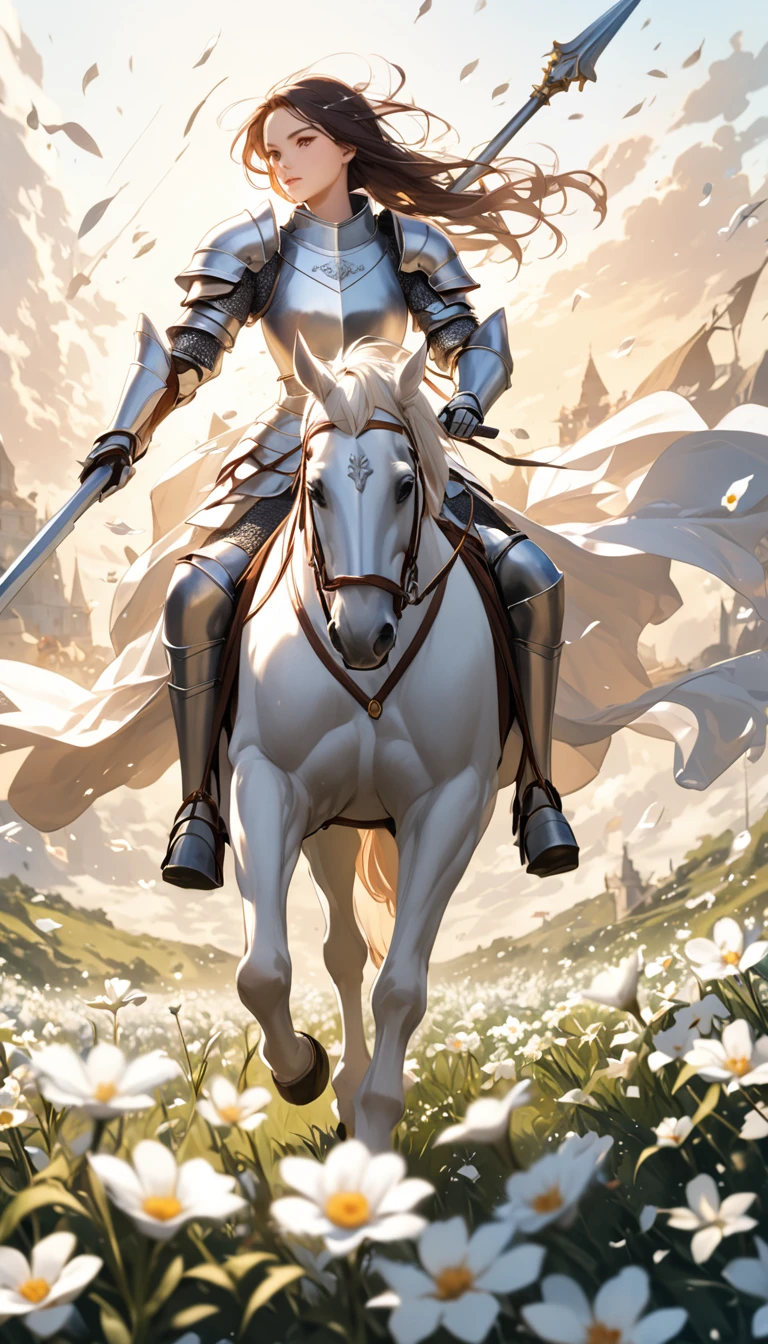 A female knight on horseback. She is holding a shiny spear. Many white flowers are falling. The background is black.