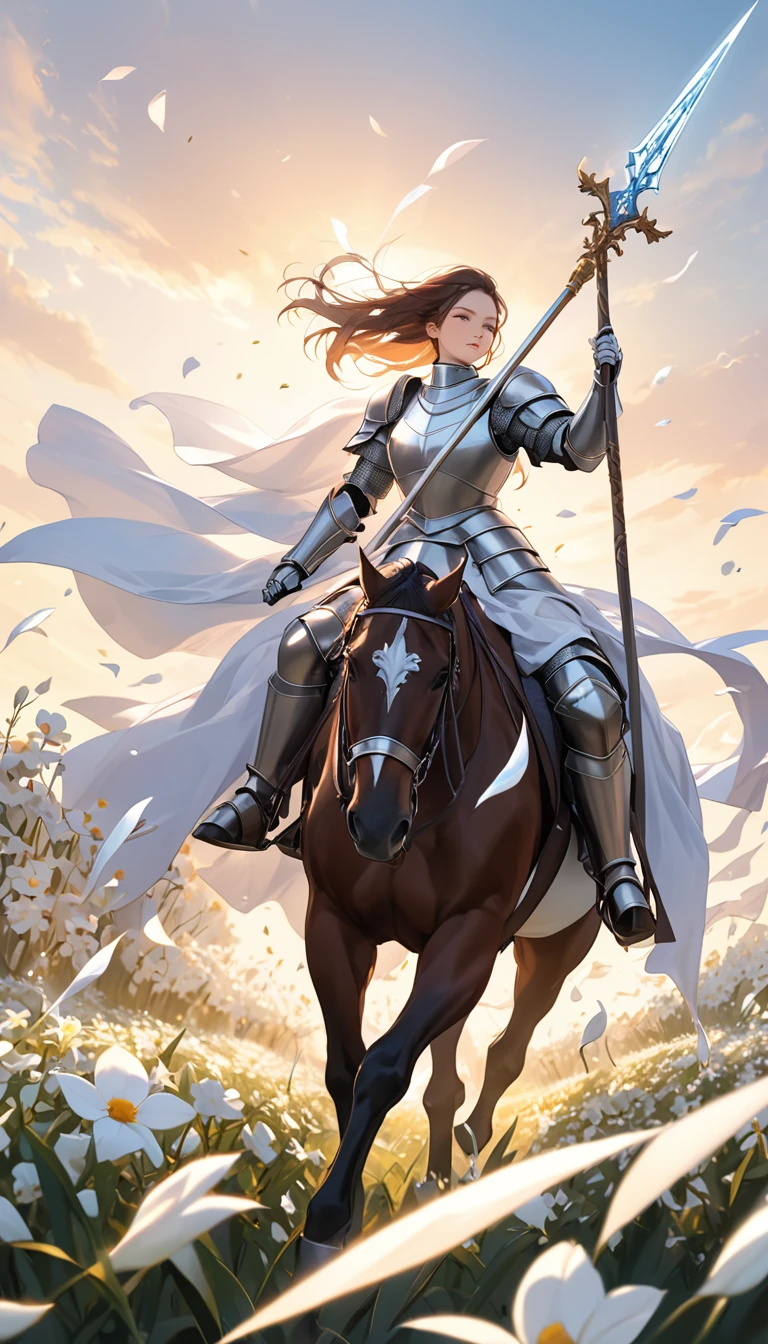 A female knight on horseback. She is holding a shiny spear. Many white flowers are falling. The background is black.
