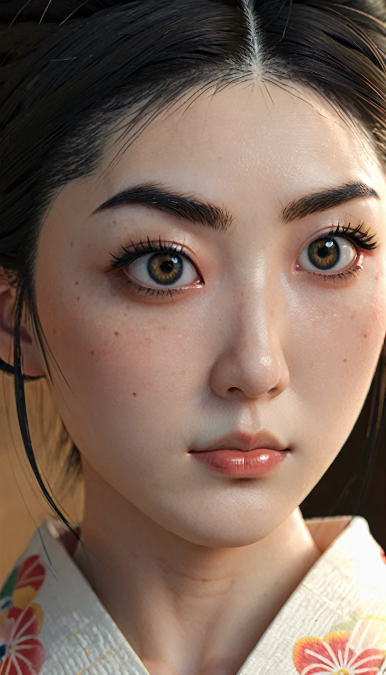 uhd, retina, masterpiece, anatomically correct, textured skin, super detail, high details, best quality, highres, high quality,1 Japan Female、Black Hair、20th Generation、White skin、kimono、Japanese-style room、eyebrows behind hair, (tareme:5.0), longeyelashes, solid circle eyes、soft eyebrows、(Meek eyes:2.0),full eyebrows
