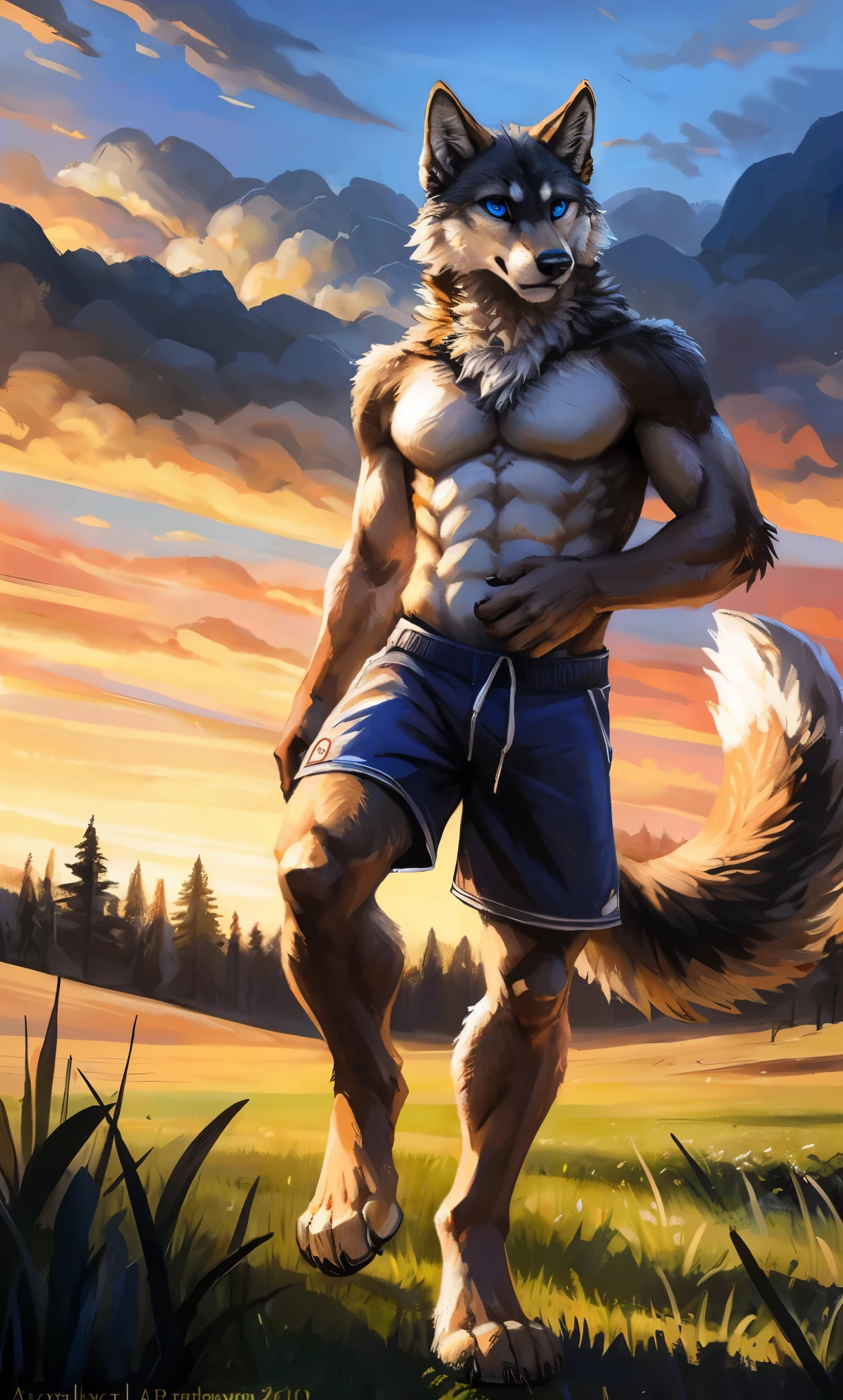 ((Solo)), male people, anthro wolf, (Multi-colored fur, White-brown:1.3，White tail pointed), (Height 2.1m,Tail length 1.2m), ((Wolf face, Big eyes, White eyelids, Blue pupil, Slim:1.2) (Tough, Calm expression:1.2)), Abs, Slim, pinging)), (Correct anatomy), (Work shorts:1.1), The upper body  naked, (detailed outfits),A long big tail，Feet，(Realistic fur, Detailed fur texture, labeled:1.3)), (Natural lighting), Photorealistic, Hyperrealistic, ultradetailed, by Kenket，Field，erect through，Running on