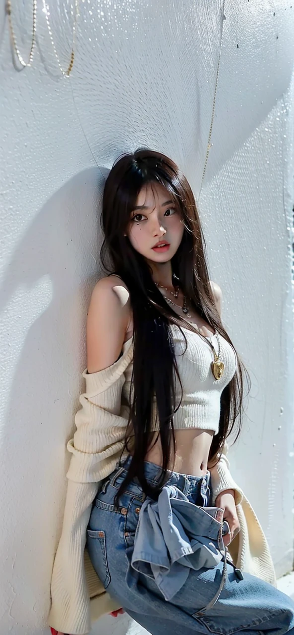 ((Best Quality)), ((Masterpiece)), (detailed), 1 girl, long dark hair, seductive eyes, full lips, mole under the eye, Necklaces, pink off shoulder sweater