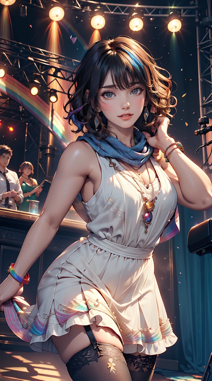 24-year-old woman、Sexy proportions、Sexy、Narrow waist、Attach a necklace、Wear accessories on your wrist、Natural curls((wavy hair))、Shortcuts((short hair))、hair scarf((hair scarf))、Rainbow Hair((rainbow hair))、Mini Charleston Dress((Charleston dress))wear、Wearing stockings、Wear stiletto heels、Concert Stage、In the spotlight
