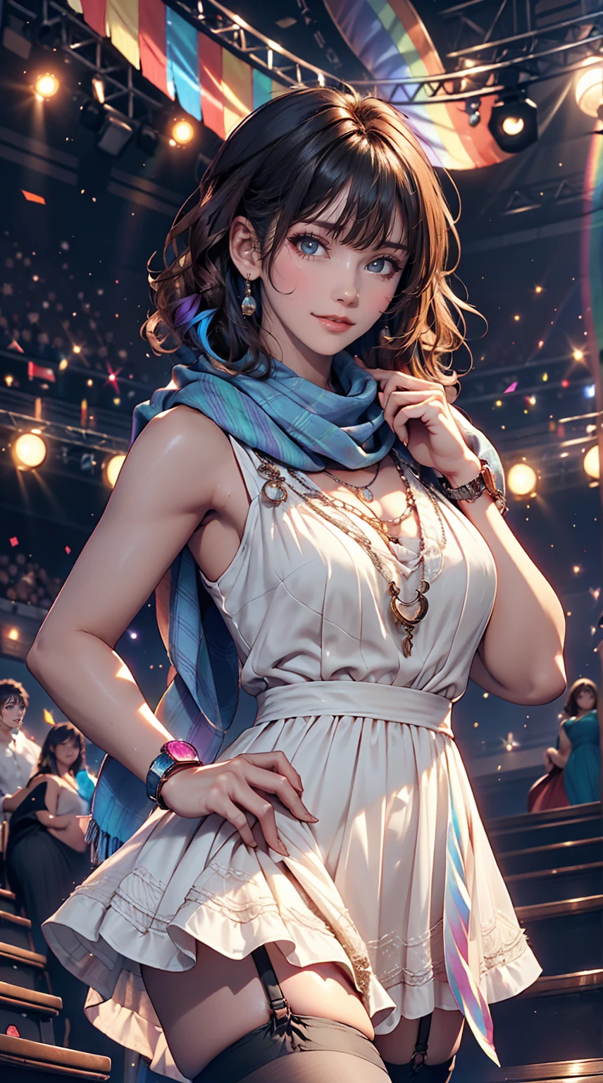 24-year-old woman、Sexy proportions、Sexy、Narrow waist、Attach a necklace、Wear accessories on your wrist、Natural curls((wavy hair))、Shortcuts((short hair))、hair scarf((hair scarf))、Rainbow Hair((rainbow hair))、Mini Charleston Dress((Charleston dress))wear、Wearing stockings、Wear stiletto heels、Concert Stage、In the spotlight