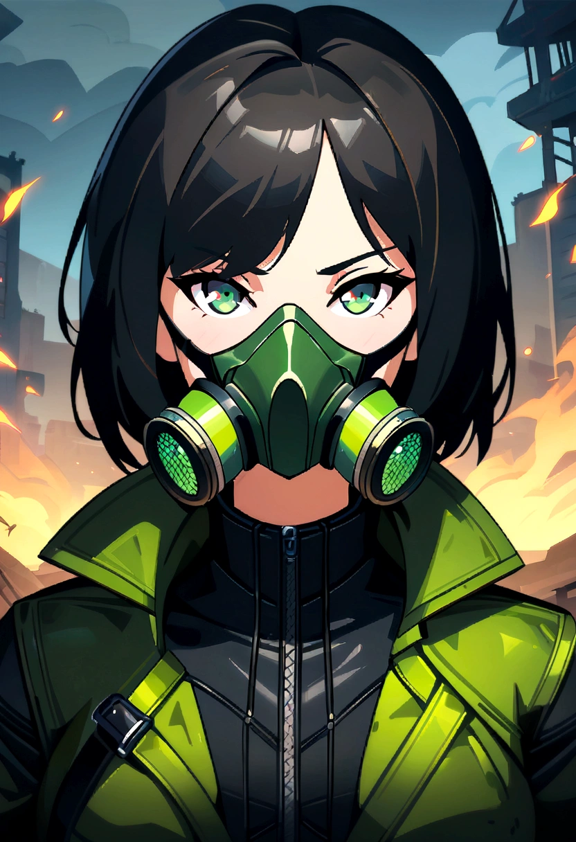 masterpiece, best quality, (Anime:1.4), black-haired girl, green eyes, small respirator mask, toxic environment, black leather outfit, epic portraiture, 2D game art, League of Legends style character