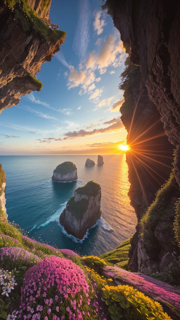 nature, Detailed lighting, Sea of Flowers, Sky, Sunset, breeze, Fallen Leaves, cliff, The most beautiful place on earth