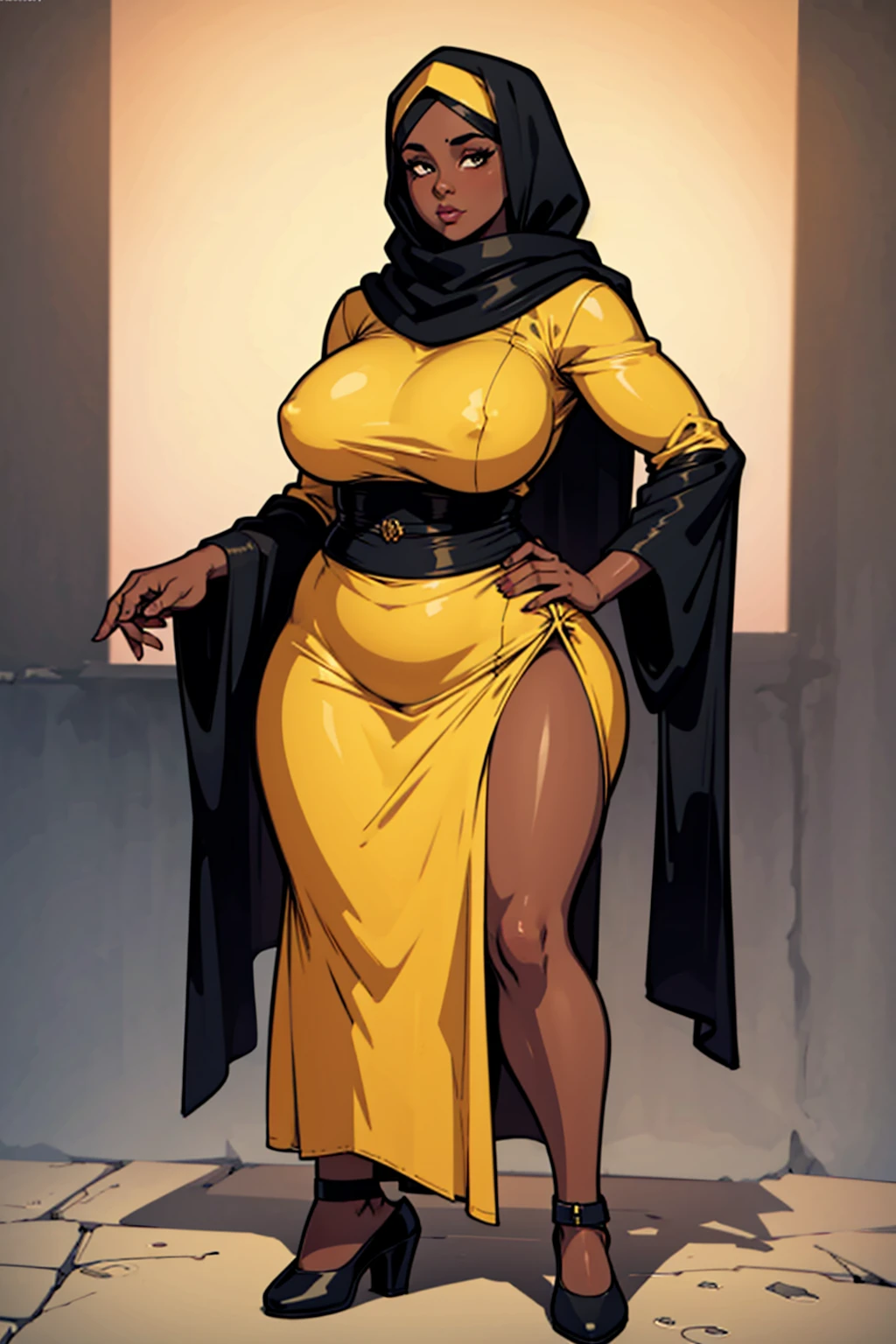 digital art, highly detailed, reference sheet, standing pose, legs uncrossed, hand on hip, hand pulling at cheek, feminine features, dark skin, overweight, curvy, corpulent, portly, mature woman, adult female, whole body, bald, form-fitting, abaya dress, scarf, long sleeves, long skirt, shoes, 1woman, solo, upper body, lower body, ((Extremely Detailed)), ((Best Quality)), ((Masterpiece)), ((4k)).