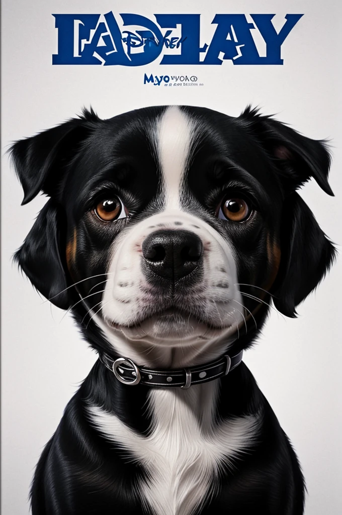 Disney Pixar type poster with title Maylo, a medium small dog, his coat is smooth, with black spots, his face is black and one side is white, his nose is black and his eyes are black and his face is tender.