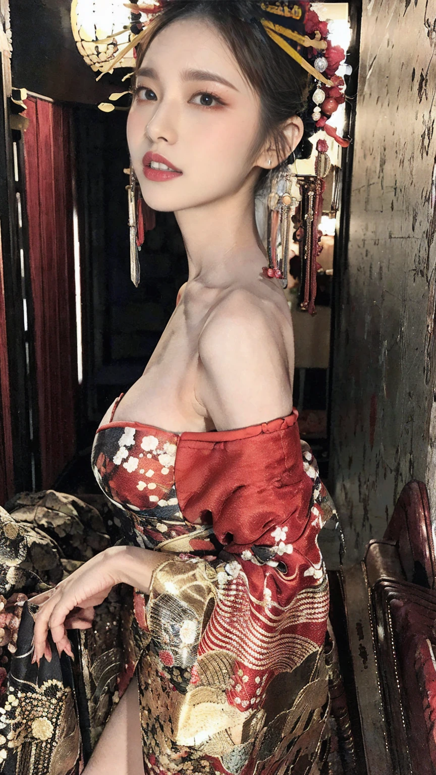 of (Amateur Photography), Rear View, 1女of子, ハーレイ・クインof衣装を着たベイビー, Have sex, Straddle, Red top, Halloween, taken on of old camera, Low resolution, Flash photography, 粒子of粗い, Sepia, Polaroid, Beautiful Face, Happy, Laughter, Beautiful Eyes, Show me your breasts, 受賞歴ofある風景 、Oiran