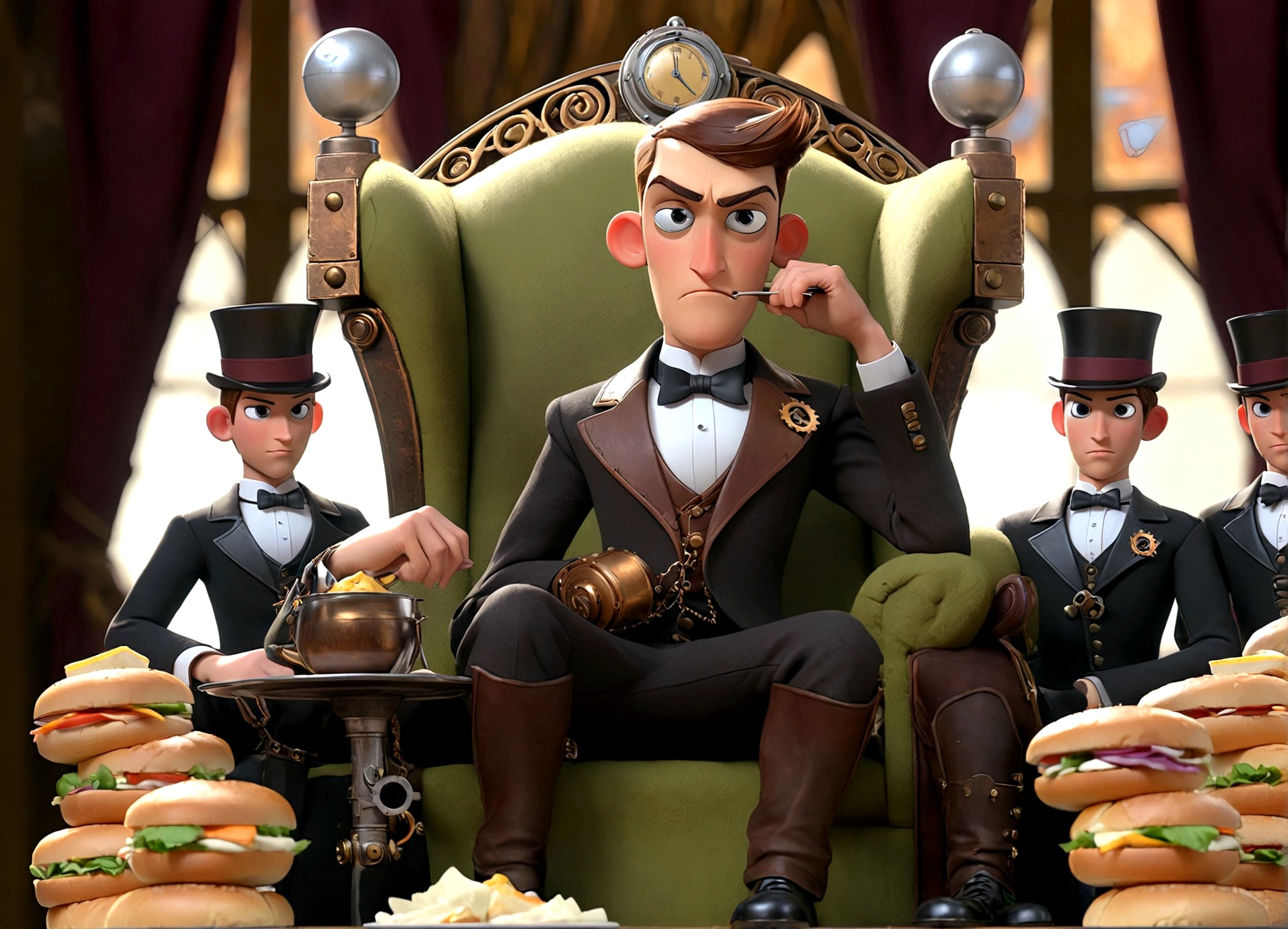 A steam punk throne of leadership, attended to by several (clockwork, steam powered, fake men). A young man in a tuxedo sits on the throne and dines on fancy sandwiches
