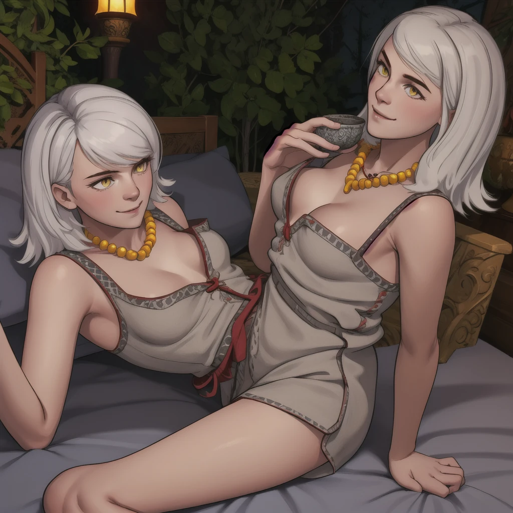 kmzW3 girl, yellow eyes, white hair, dress, lying, bed, bottomless, slight smile, bead necklace, mature, best quality
