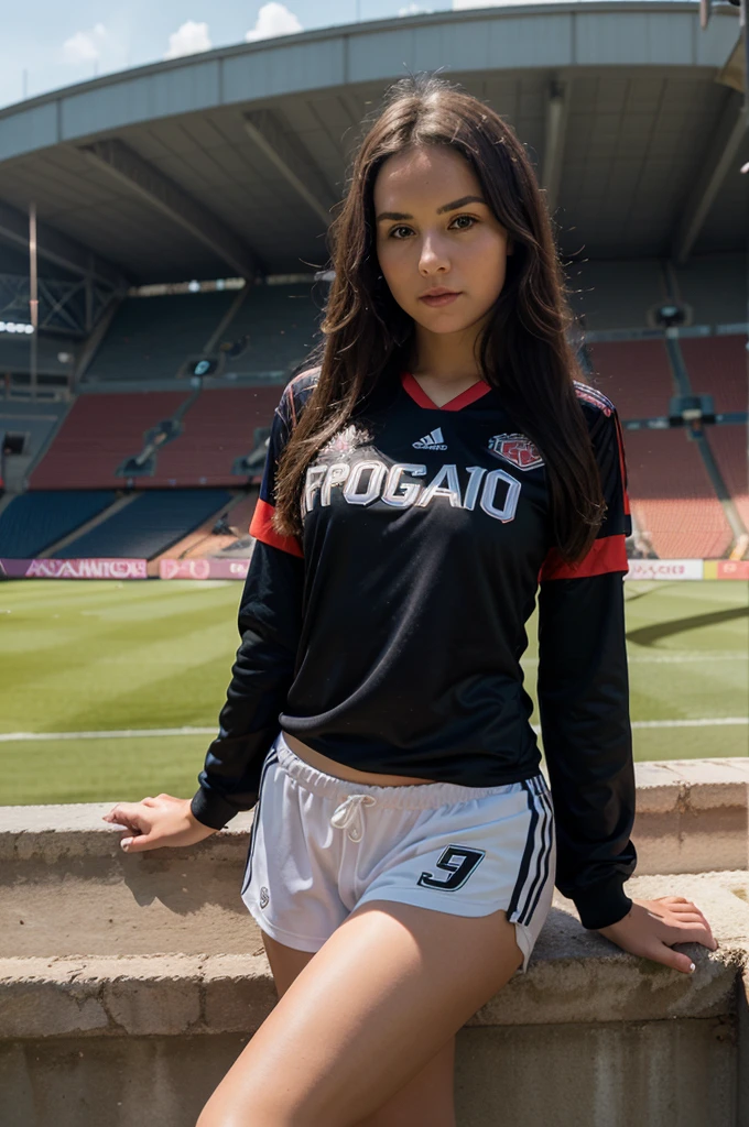 1girl in, 30 years old, Square face, Long hair, Looking at the viewer, jewelry, Realistic, Sexy, soccer team outfit, field background - stadium - stands, freestyle pose