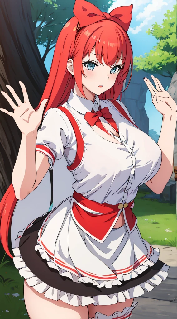 Without skirt、White underwear、In underwear、Panties in full view、White panties、Blue Stripes々Large bra 1, 1girl, asahina mikuru, long hair, kita high , solo, short sleeves, red ribbon, large breasts, cowboy shot, waving, outdoors, leaning forward,Underwear in full view