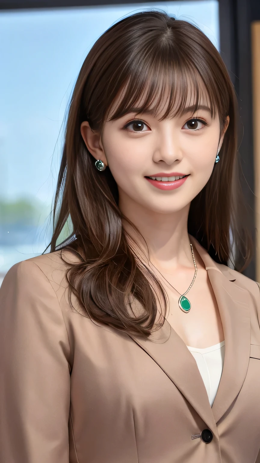 Highest quality:1.2), RAW Photos, High resolution, Very detailed, Intricate details, 、ear piercing、smile、Emphasis on teeth、ウェーブのかかった髪、Light brown hair、 (Front view, ), Clear beauty, Upper Body, (High quality fabric, Office Lady Suit 、 Necklace around the neck、 indoor,