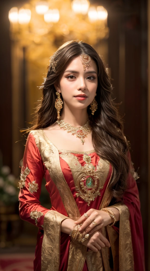 ((Best quality, 8k, Masterpiece :1.3)), Sharp focus :1.2, Generate a realistic image of a beautiful, cute beauty dressed in a stunning dress, adorned with traditional ornaments, standing in a well-lit room with cinematic lighting. ((Front view, random elegant pose)), and there is a sense of grace and elegance in her posture. The background should complement the scene, enhancing the overall aesthetic appeal of the image. Photography by Brandon Woelfel, Full shot: Canon EF 16-35mm f/2.8L III USM lens on a Canon EOS 5D Mark IV camera, ultra realistic, 32k, HD,  beautiful long hairs, crazy long hairs, super long hairs, long hair, crazy long hairs, super long hairs