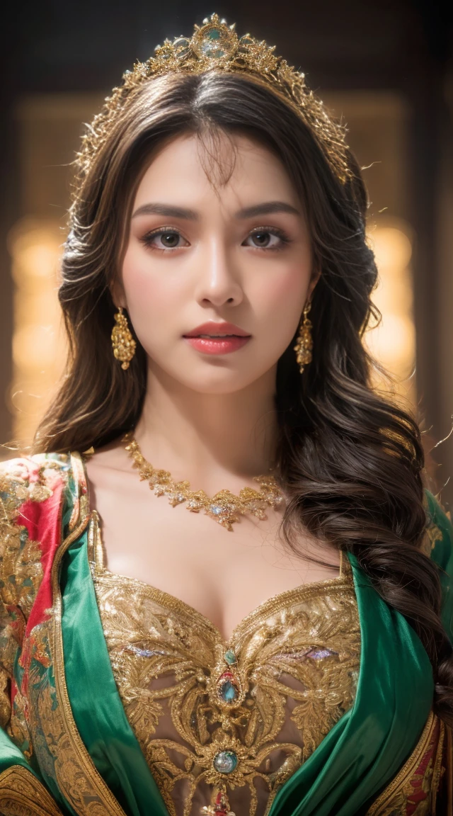 ((Best quality, 8k, Masterpiece :1.3)), Sharp focus :1.2, Generate a realistic image of a beautiful, cute beauty dressed in a stunning dress, adorned with traditional ornaments, standing in a well-lit room with cinematic lighting. ((Front view, random elegant pose)), and there is a sense of grace and elegance in her posture. The background should complement the scene, enhancing the overall aesthetic appeal of the image. Photography by Brandon Woelfel, Full shot: Canon EF 16-35mm f/2.8L III USM lens on a Canon EOS 5D Mark IV camera, ultra realistic, 32k, HD, beautiful long hairs, crazy long hairs, super long hairs, long hair, crazy long hairs, super long hairs