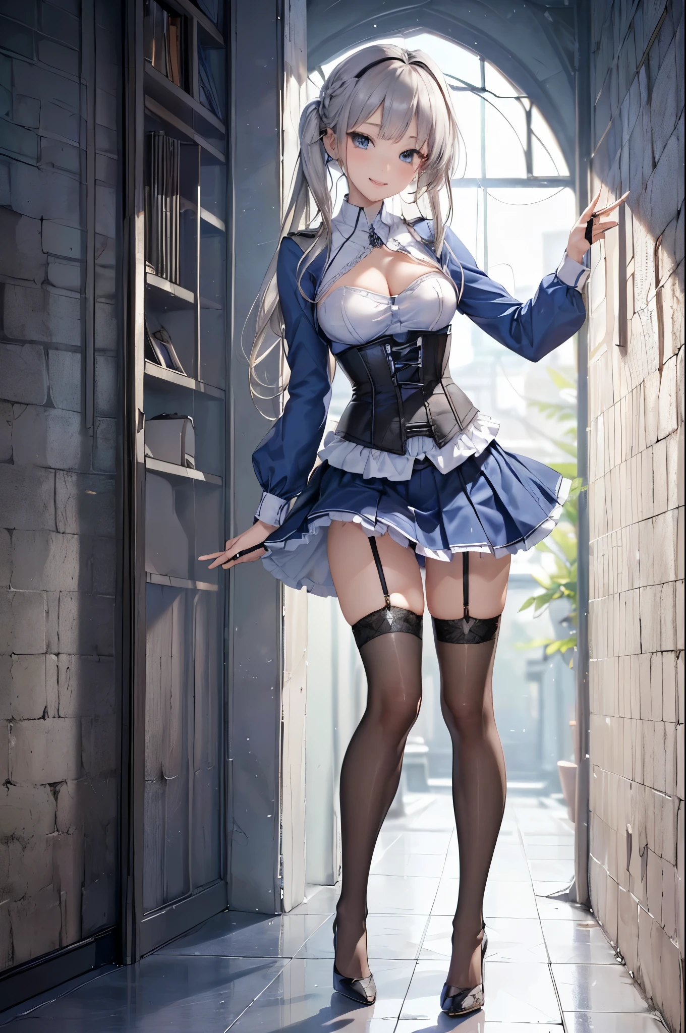((Biologically correct limb count))、(( From head to toe、Full-body photo including face))、4K、((Standing position))、masterpiece、((Focus on the face))、((Symmetrical facial features))、Eyes with detailed description、Beautiful woman、Great style、Beautiful arms、Beautiful legs、Beautiful Hands、(Small Ass、Thin thighs)、Facial detailing、Small earrings、necklace、(Blue latex uniform、skirt、corset、((High heels、Black garter stockings)))、Face close-up、smile、Silver Hair、((Alluring))、Walking with my head up、